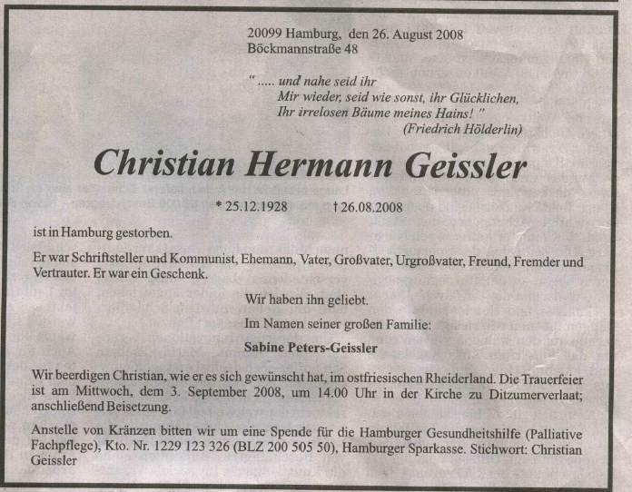 Christian Geissler, Todesanzeige